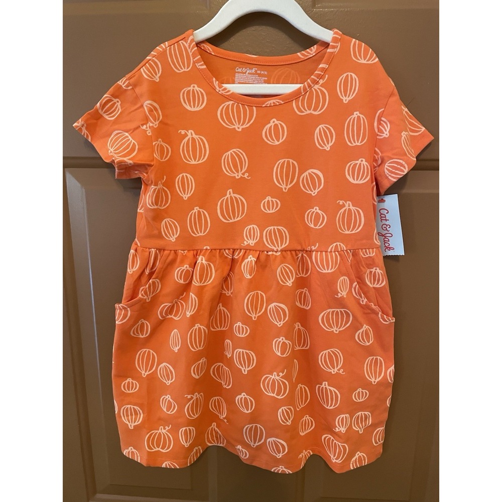 Cat & Jack Girls Fall Orange Pumpkin Dress with Pockets Size XS (4/5) NWT